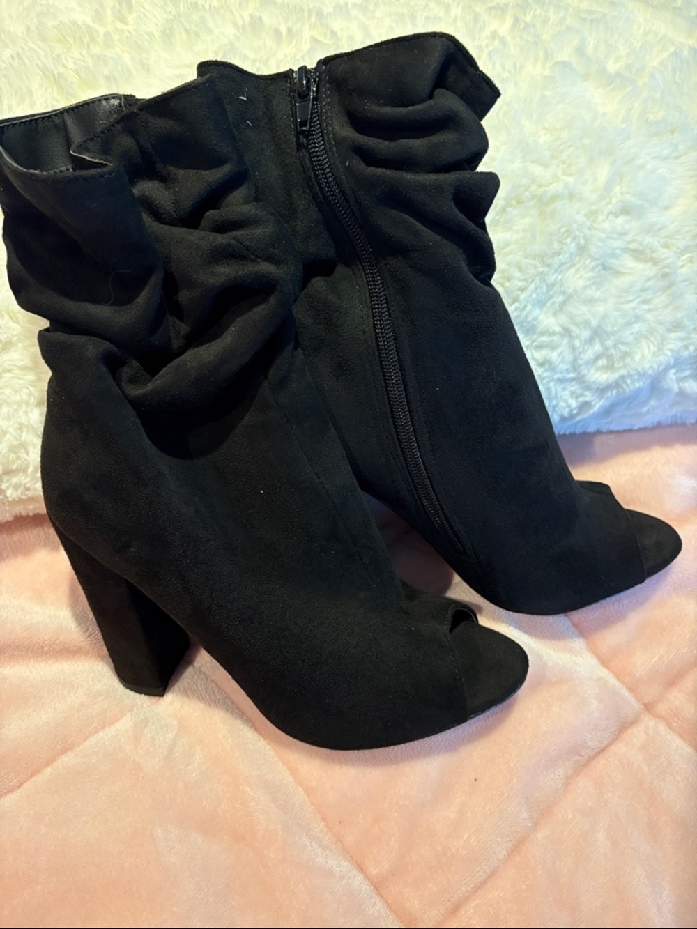 VENUS Black Ruffled Peep-Toe Block Heel Ankle Boots